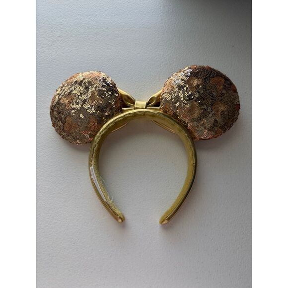 Disney Gold Sequin Minnie Ears Headband with Metallic Bow